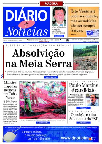 Edição do dia 9 Julho 2001 da pubicação Diário de Notícias