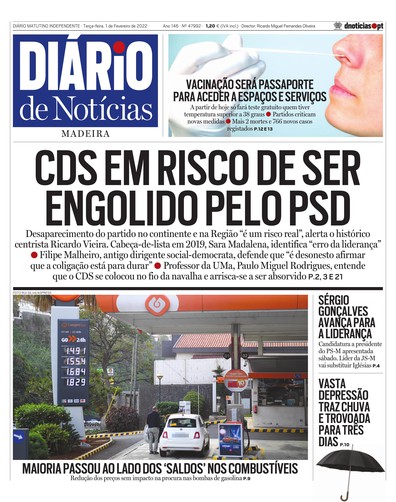 Edição do dia 1 Fevereiro 2022 da pubicação Diário de Notícias